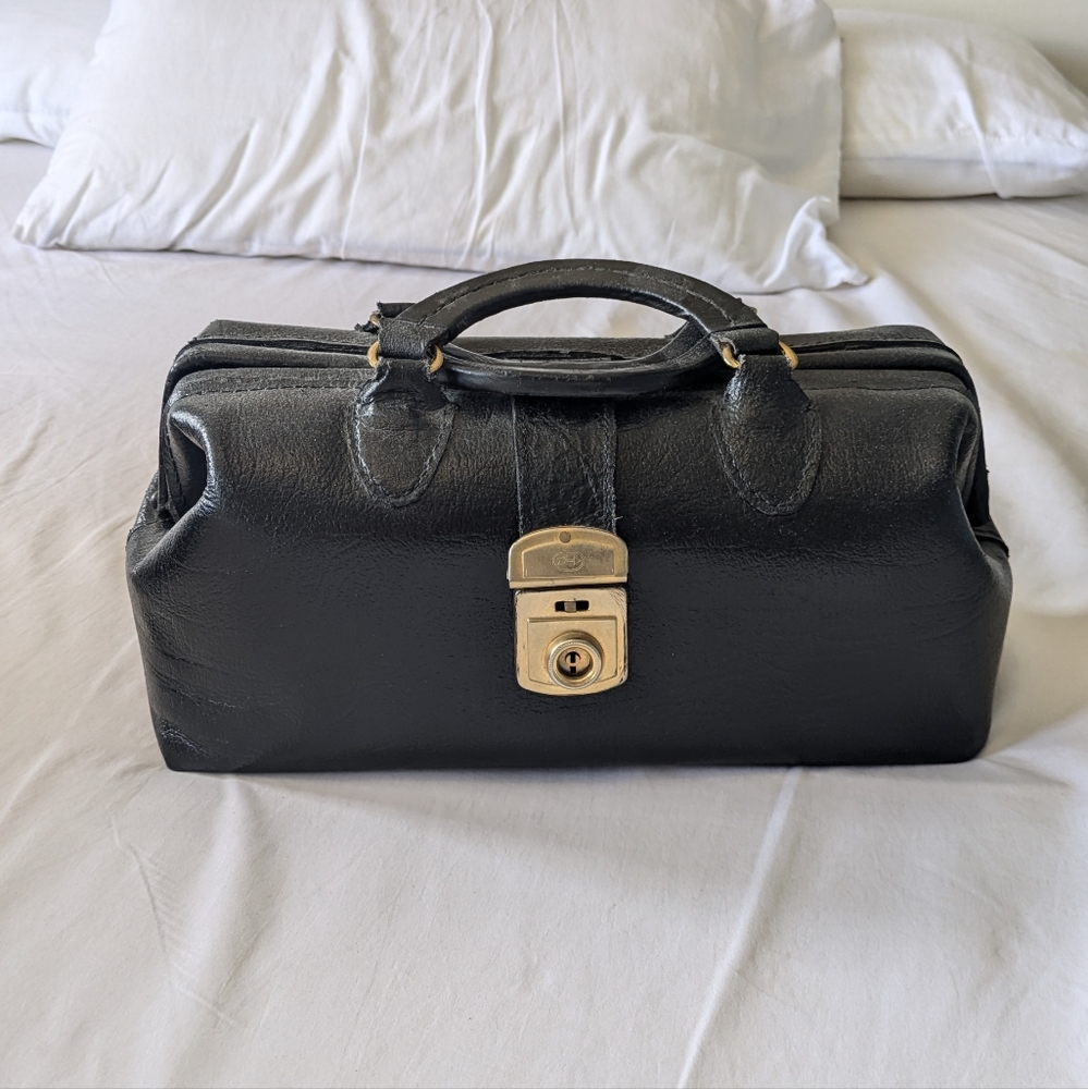 Black Leather Briefcase with Gold Clasp